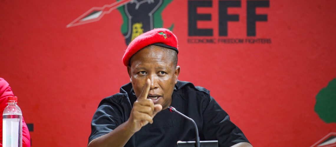 JOHANNESBURG, SOUTH AFRICA - NOVEMBER 25: CIC Julius Malema addresses the media at Winnie Madikizela Mandela House on November 25, 2021in Johannesburg, South Africa. This follows the Inaugural Council Meetings held across the country. (Photo by Gallo Images/Sharon Seretlo)